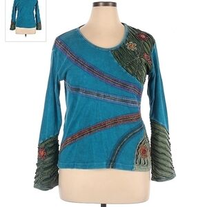 Venus Imports Teal Artistic Art To Wear Top Shirt Women's L / XL Stitch Flowers